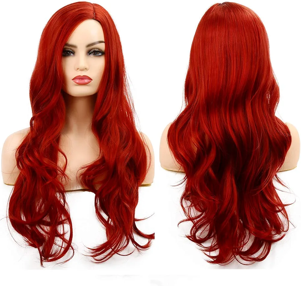 Long Wavy Red Synthetic Wig for Wome long color red