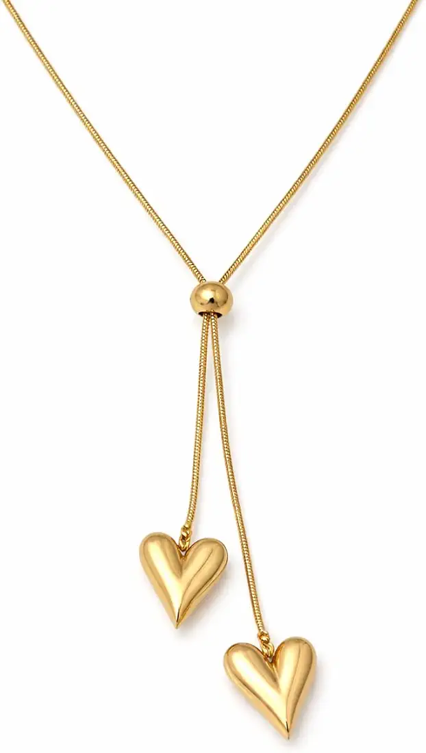 Elegant Gold Lariat 2 Heart Pendant Necklace