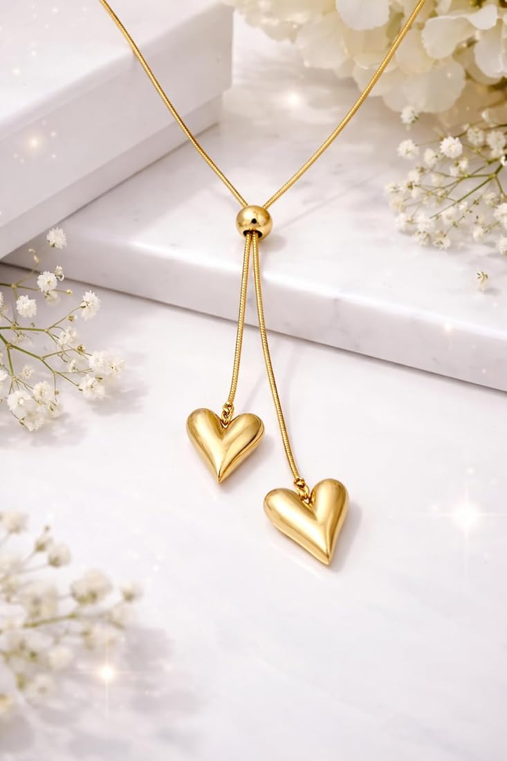 Elegant Gold Lariat Heart Pendant Necklace 1